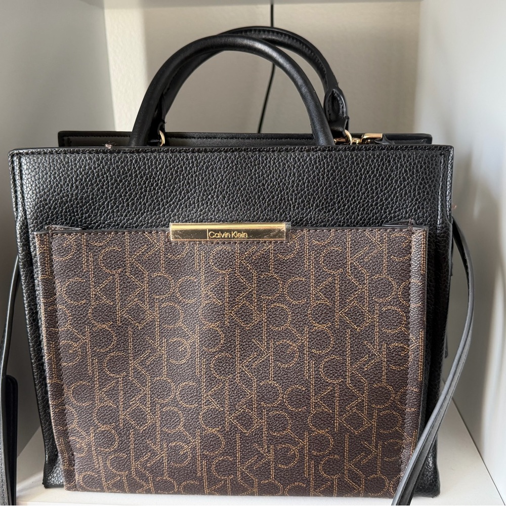 Calvin Klein Black Leather Satchel with Brown Monogram Front